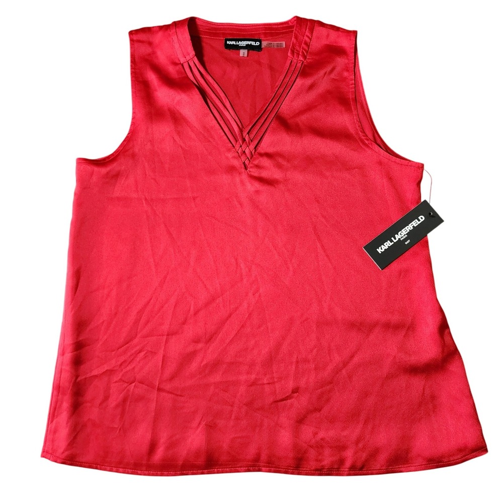 Karl Lagerfeld Paris Sleeveless Blouse Womens M Red NEW Strappy V-Neck G59TG11A